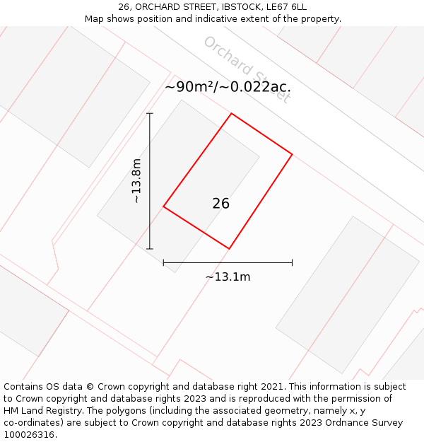 26, ORCHARD STREET, IBSTOCK, LE67 6LL: Plot and title map