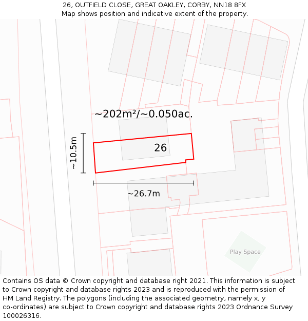 26, OUTFIELD CLOSE, GREAT OAKLEY, CORBY, NN18 8FX: Plot and title map