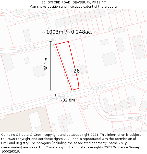 26, OXFORD ROAD, DEWSBURY, WF13 4JT: Plot and title map