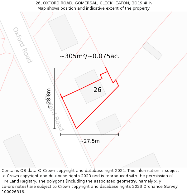 26, OXFORD ROAD, GOMERSAL, CLECKHEATON, BD19 4HN: Plot and title map