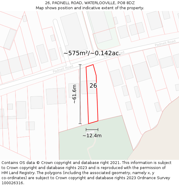 26, PADNELL ROAD, WATERLOOVILLE, PO8 8DZ: Plot and title map