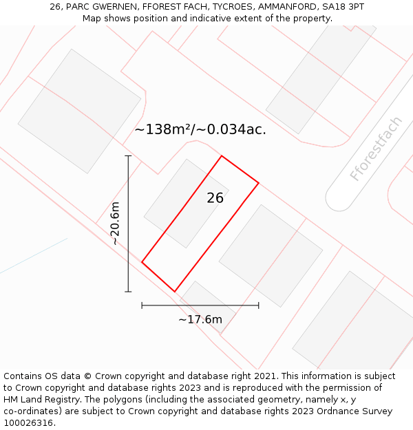 26, PARC GWERNEN, FFOREST FACH, TYCROES, AMMANFORD, SA18 3PT: Plot and title map