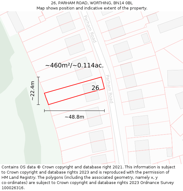 26, PARHAM ROAD, WORTHING, BN14 0BL: Plot and title map