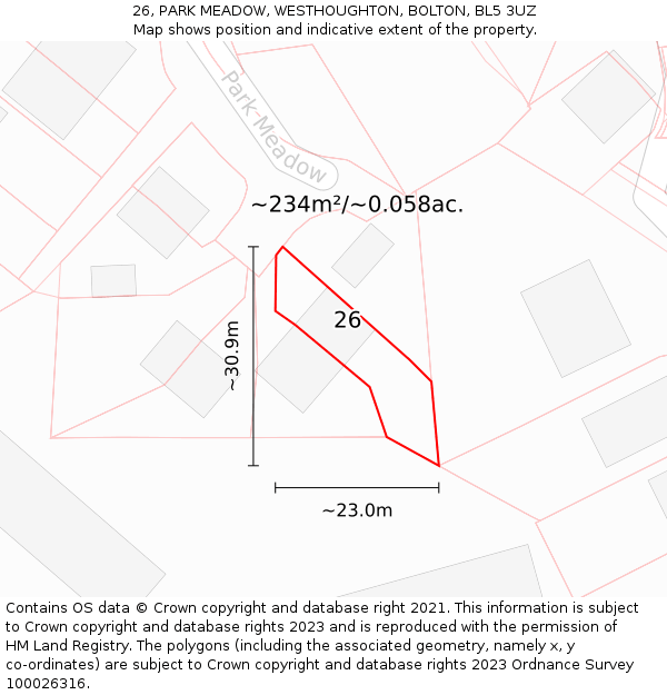 26, PARK MEADOW, WESTHOUGHTON, BOLTON, BL5 3UZ: Plot and title map