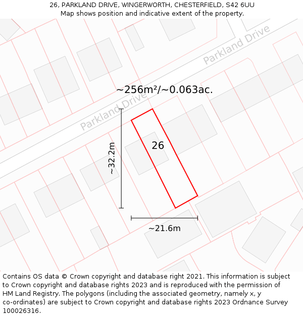 26, PARKLAND DRIVE, WINGERWORTH, CHESTERFIELD, S42 6UU: Plot and title map