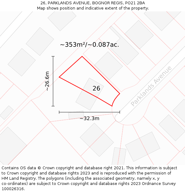 26, PARKLANDS AVENUE, BOGNOR REGIS, PO21 2BA: Plot and title map