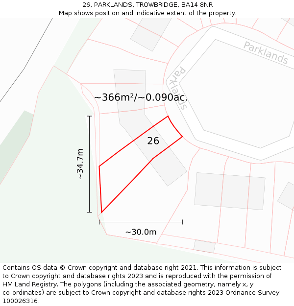 26, PARKLANDS, TROWBRIDGE, BA14 8NR: Plot and title map