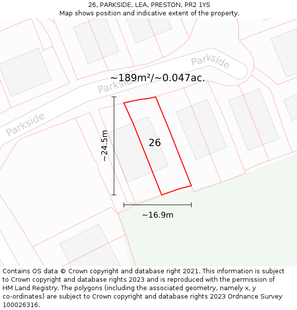 26, PARKSIDE, LEA, PRESTON, PR2 1YS: Plot and title map