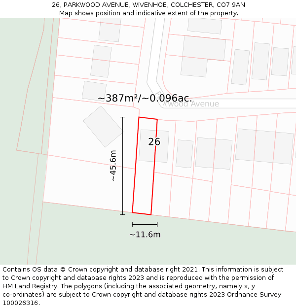 26, PARKWOOD AVENUE, WIVENHOE, COLCHESTER, CO7 9AN: Plot and title map