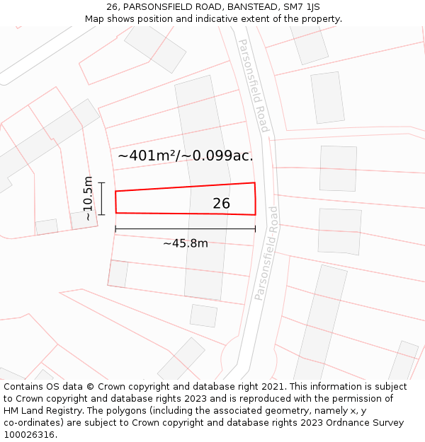 26, PARSONSFIELD ROAD, BANSTEAD, SM7 1JS: Plot and title map