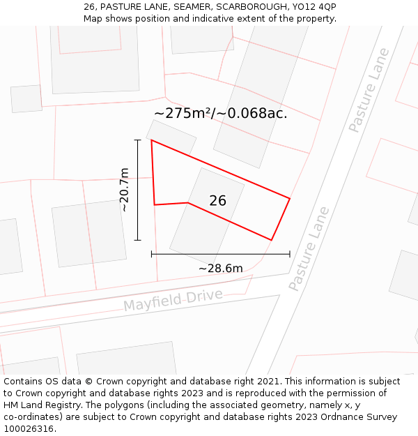 26, PASTURE LANE, SEAMER, SCARBOROUGH, YO12 4QP: Plot and title map