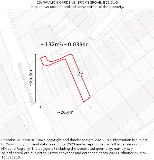 26, PAVILION GARDENS, BROMSGROVE, B61 0UQ: Plot and title map