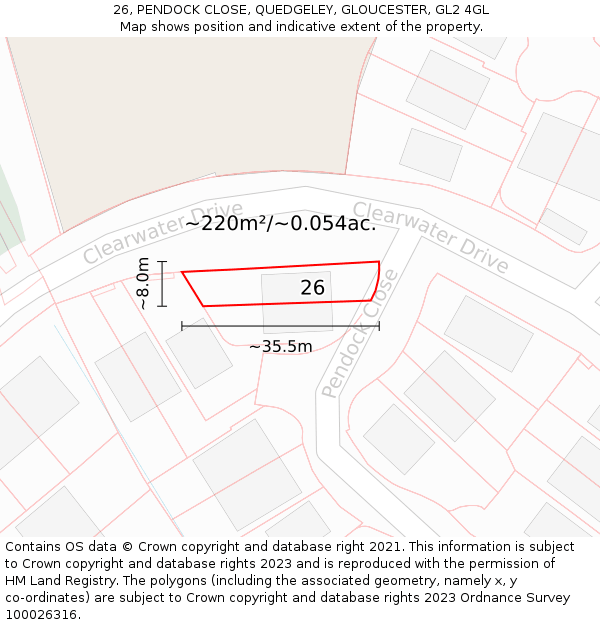 26, PENDOCK CLOSE, QUEDGELEY, GLOUCESTER, GL2 4GL: Plot and title map