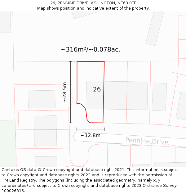 26, PENNINE DRIVE, ASHINGTON, NE63 0TE: Plot and title map