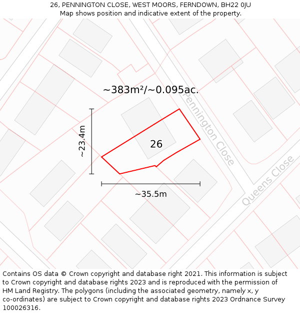 26, PENNINGTON CLOSE, WEST MOORS, FERNDOWN, BH22 0JU: Plot and title map