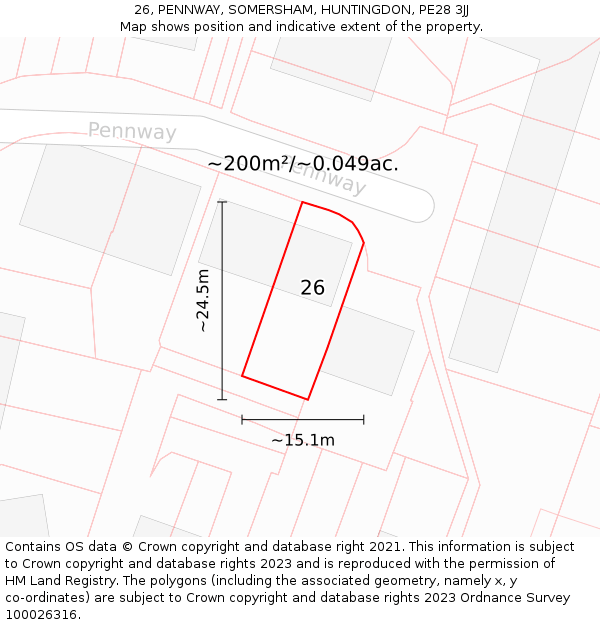 26, PENNWAY, SOMERSHAM, HUNTINGDON, PE28 3JJ: Plot and title map