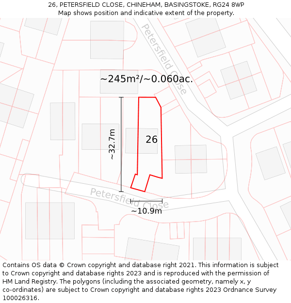 26, PETERSFIELD CLOSE, CHINEHAM, BASINGSTOKE, RG24 8WP: Plot and title map