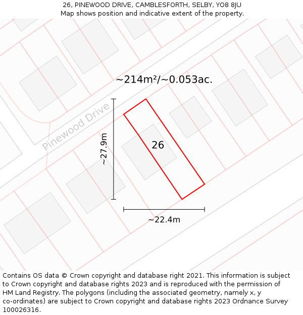 26, PINEWOOD DRIVE, CAMBLESFORTH, SELBY, YO8 8JU: Plot and title map