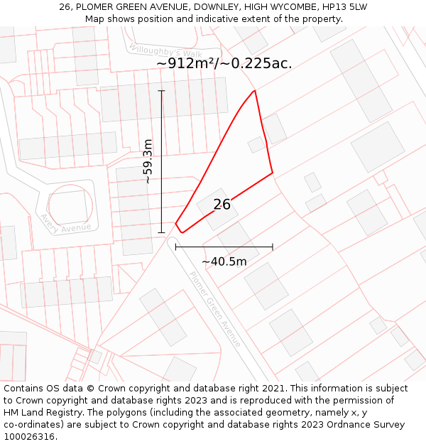 26, PLOMER GREEN AVENUE, DOWNLEY, HIGH WYCOMBE, HP13 5LW: Plot and title map