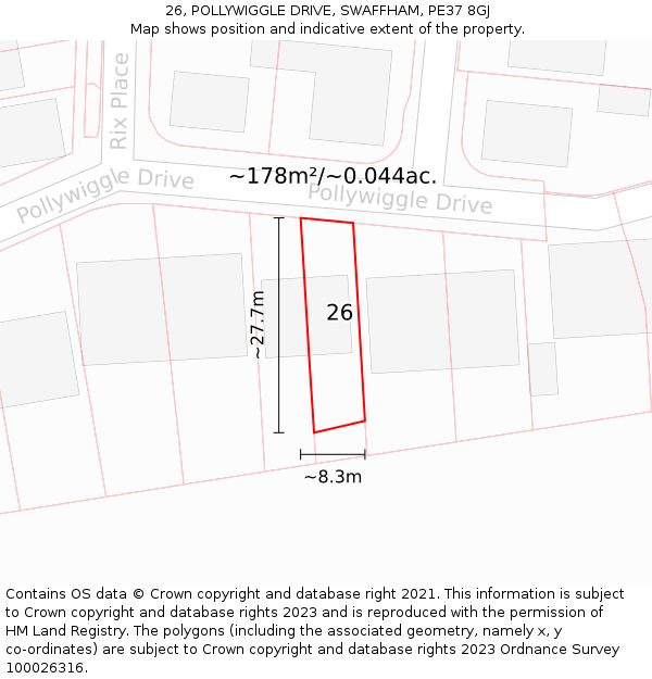 26, POLLYWIGGLE DRIVE, SWAFFHAM, PE37 8GJ: Plot and title map