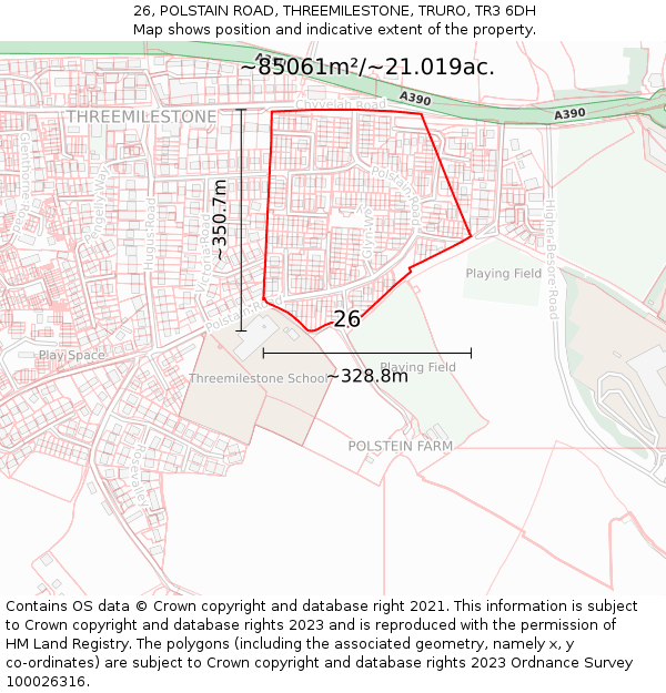 26, POLSTAIN ROAD, THREEMILESTONE, TRURO, TR3 6DH: Plot and title map