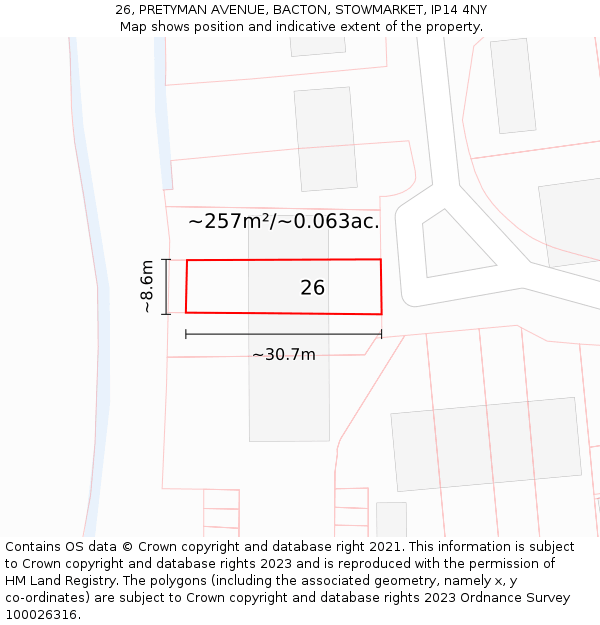 26, PRETYMAN AVENUE, BACTON, STOWMARKET, IP14 4NY: Plot and title map