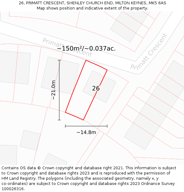 26, PRIMATT CRESCENT, SHENLEY CHURCH END, MILTON KEYNES, MK5 6AS: Plot and title map