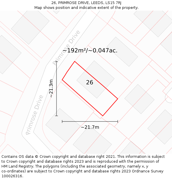 26, PRIMROSE DRIVE, LEEDS, LS15 7RJ: Plot and title map