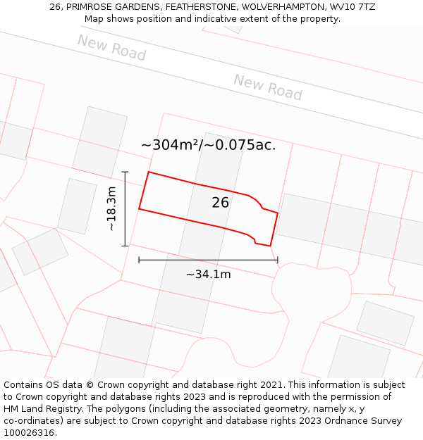 26, PRIMROSE GARDENS, FEATHERSTONE, WOLVERHAMPTON, WV10 7TZ: Plot and title map