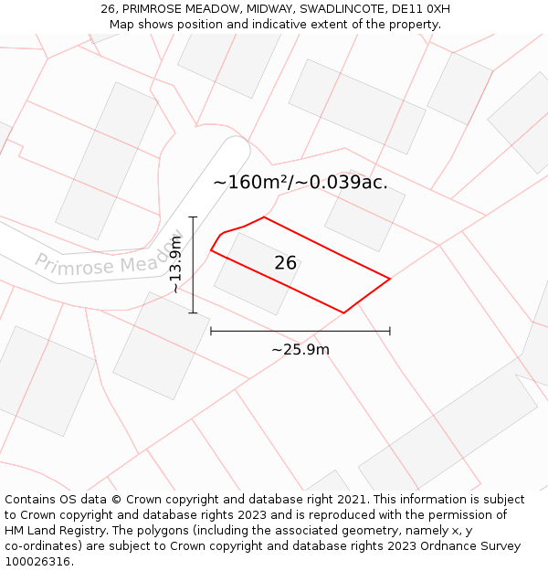 26, PRIMROSE MEADOW, MIDWAY, SWADLINCOTE, DE11 0XH: Plot and title map