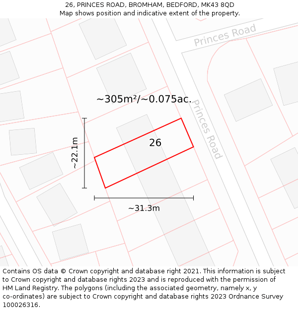 26, PRINCES ROAD, BROMHAM, BEDFORD, MK43 8QD: Plot and title map