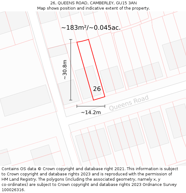 26, QUEENS ROAD, CAMBERLEY, GU15 3AN: Plot and title map