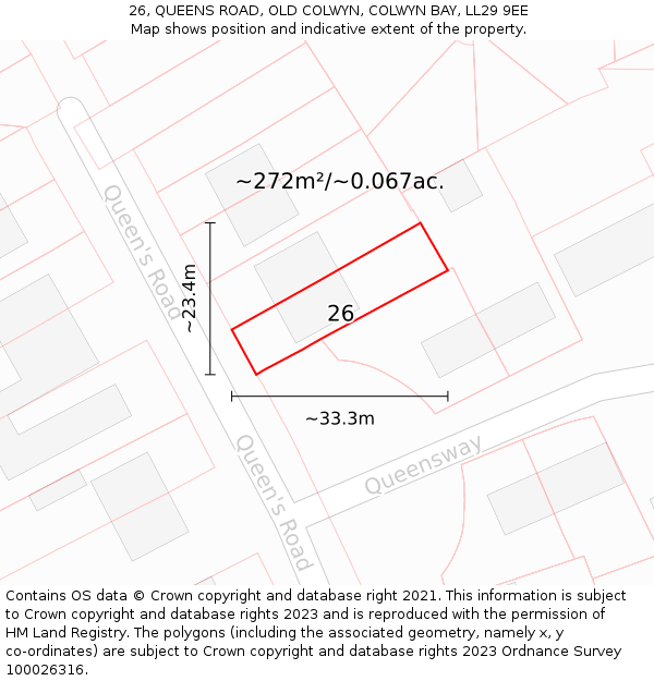 26, QUEENS ROAD, OLD COLWYN, COLWYN BAY, LL29 9EE: Plot and title map