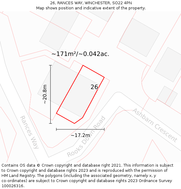 26, RANCES WAY, WINCHESTER, SO22 4PN: Plot and title map