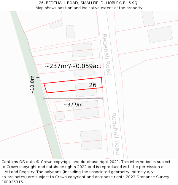 26, REDEHALL ROAD, SMALLFIELD, HORLEY, RH6 9QL: Plot and title map