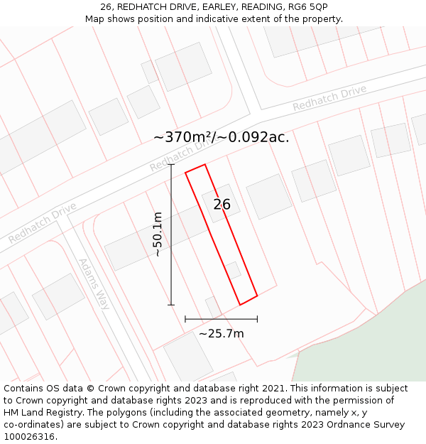 26, REDHATCH DRIVE, EARLEY, READING, RG6 5QP: Plot and title map