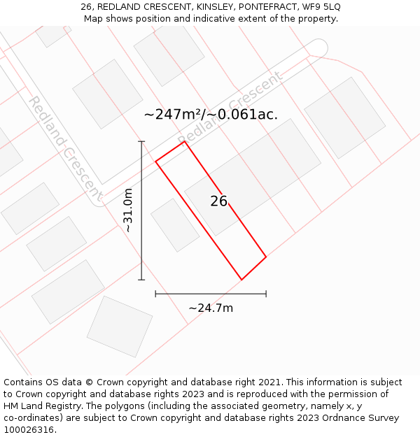 26, REDLAND CRESCENT, KINSLEY, PONTEFRACT, WF9 5LQ: Plot and title map