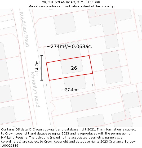 26, RHUDDLAN ROAD, RHYL, LL18 2PR: Plot and title map