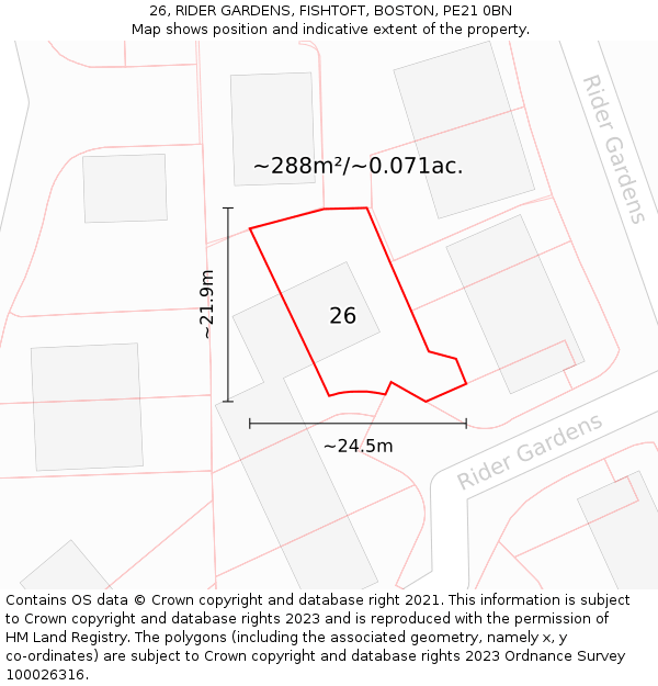 26, RIDER GARDENS, FISHTOFT, BOSTON, PE21 0BN: Plot and title map