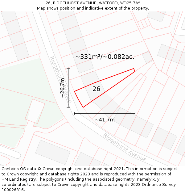 26, RIDGEHURST AVENUE, WATFORD, WD25 7AY: Plot and title map