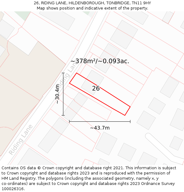 26, RIDING LANE, HILDENBOROUGH, TONBRIDGE, TN11 9HY: Plot and title map