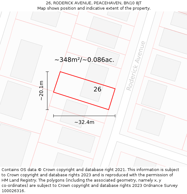 26, RODERICK AVENUE, PEACEHAVEN, BN10 8JT: Plot and title map