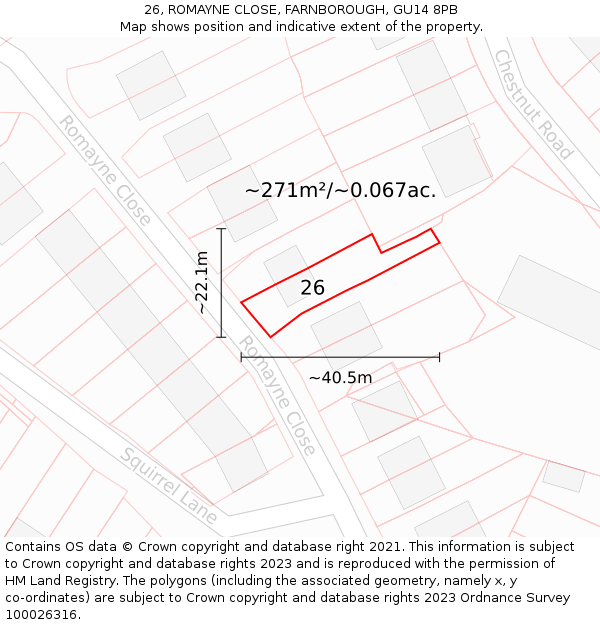 26, ROMAYNE CLOSE, FARNBOROUGH, GU14 8PB: Plot and title map