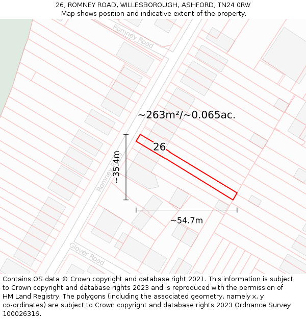 26, ROMNEY ROAD, WILLESBOROUGH, ASHFORD, TN24 0RW: Plot and title map