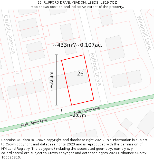 26, RUFFORD DRIVE, YEADON, LEEDS, LS19 7QZ: Plot and title map