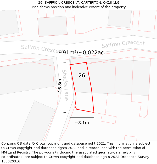 26, SAFFRON CRESCENT, CARTERTON, OX18 1LG: Plot and title map