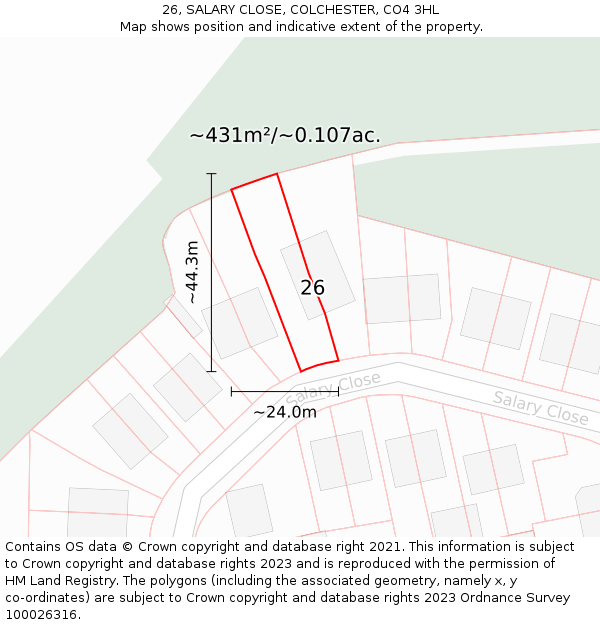 26, SALARY CLOSE, COLCHESTER, CO4 3HL: Plot and title map