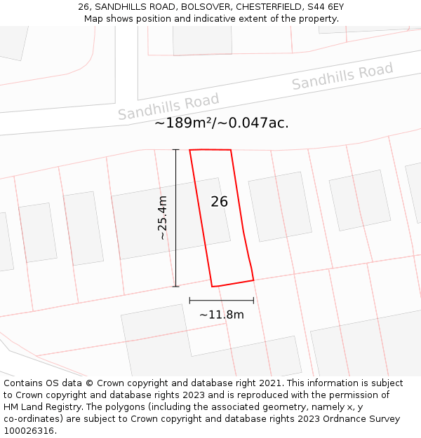 26, SANDHILLS ROAD, BOLSOVER, CHESTERFIELD, S44 6EY: Plot and title map