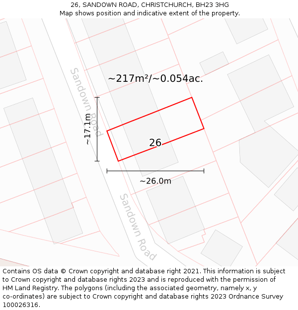 26, SANDOWN ROAD, CHRISTCHURCH, BH23 3HG: Plot and title map