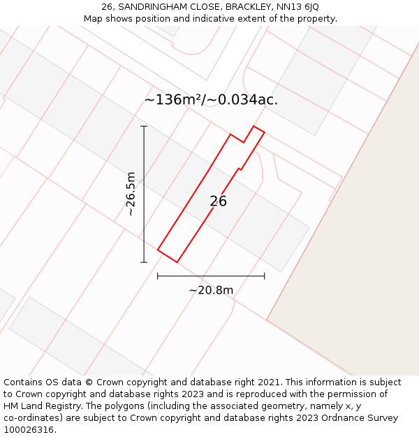 26, SANDRINGHAM CLOSE, BRACKLEY, NN13 6JQ: Plot and title map